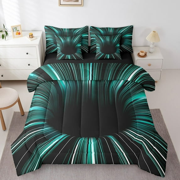 Black Light Teal 7 Piece Comforter Set Full Bed in a Bag,3D Black Hole Illusion Geometric Bedding Sets,Neon Lights Abstract Art Sheet Set with Comforter,Geometry Stripes Line Bed Set