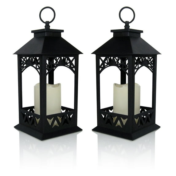 Black Lighted LED Lanterns with Lattice Design - Pillar Candle with 4 Hour Timer Included - Remote Control - Hanging or Sitting Decoration - Set of 2 - 13" H - 9605-2