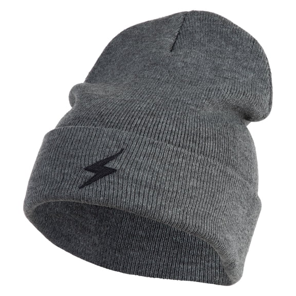 Black Lighting Bolt Iron on Patched 12 Inch Long Knitted Beanie - Dark Grey OSFM