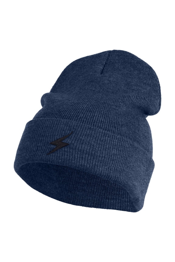 Black Lighting Bolt Iron on Patched 12 Inch Long Knitted Beanie - Navy OSFM
