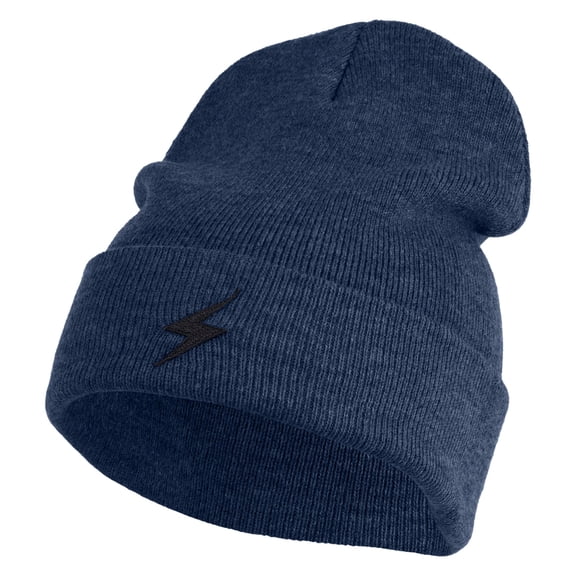 Black Lighting Bolt Iron on Patched 12 Inch Long Knitted Beanie - Navy OSFM