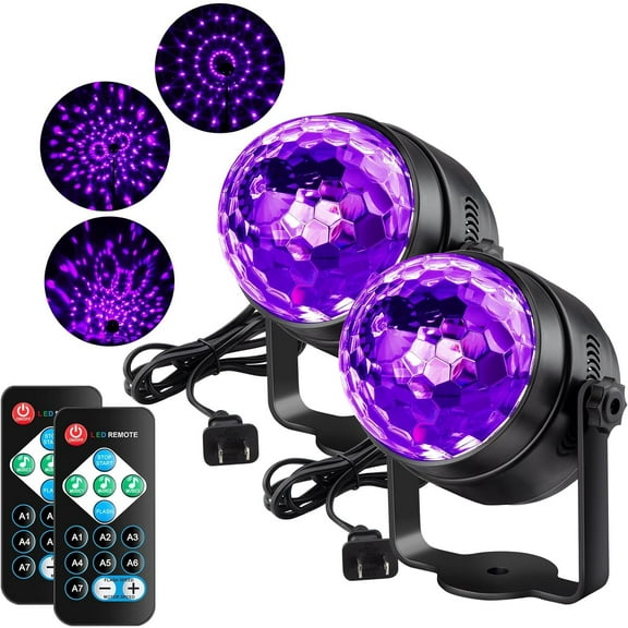 Black Lights, Glow Lights with 7 Modes for Party, 6W UV Disco Ball with Sound Activated & Remote Controlled, Black Light Disco Ball for Glow Party, Festival, Body Paint, 2PCS
