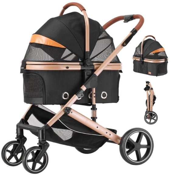 Black Lightweight Folding Pet Stroller with Detachable Carrier