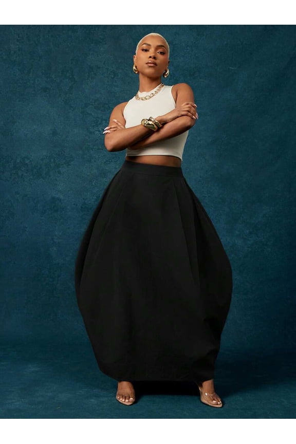 Black Lightweight Woven High Waist Balloon Maxi Skirt, Statement Casual Bold Skirt