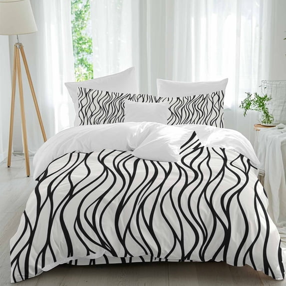 Black Line 4 Piece Duvet Cover Set Queen Size Abstract Black Beige Wave ...