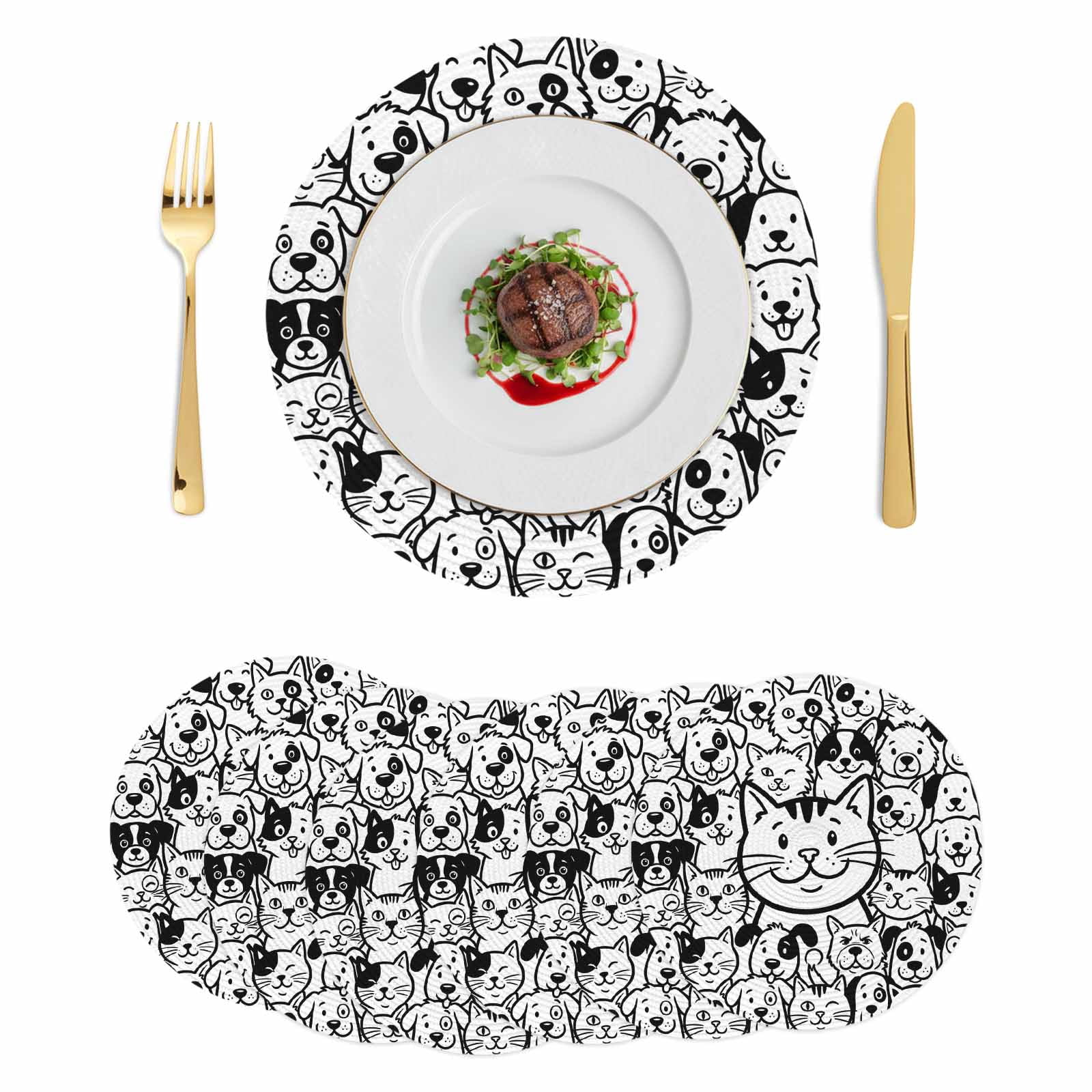 Black Line Dog Cat Round 13 Inch Placemats Set of 6, Cartoon Cute ...