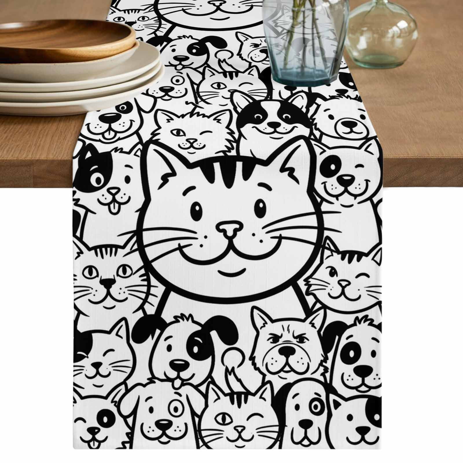 Black Line Dog Cat Table Runner 70 Inches, Cartoon Cute Animals Bed ...