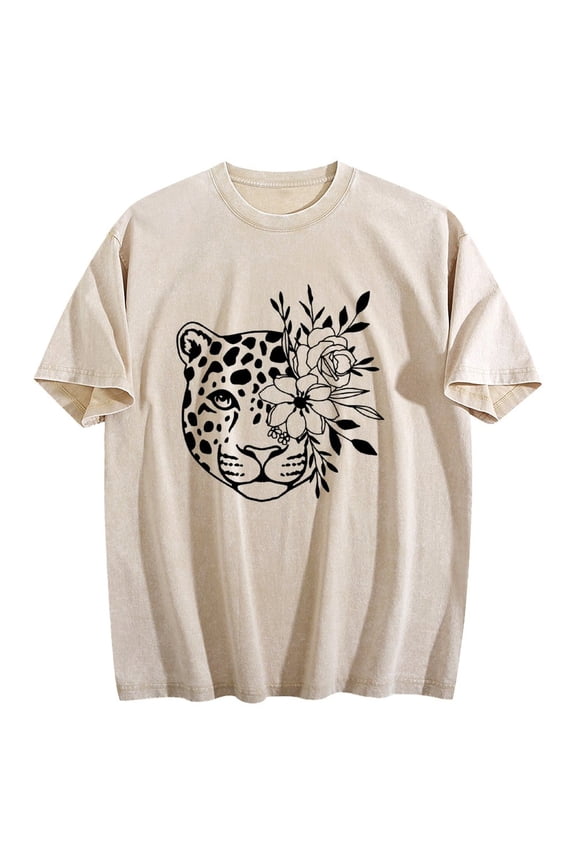 Black Line Drawing Leopard Head with Floral Crown T-Shirt Minimalist Chic Cream Colored Casual Top