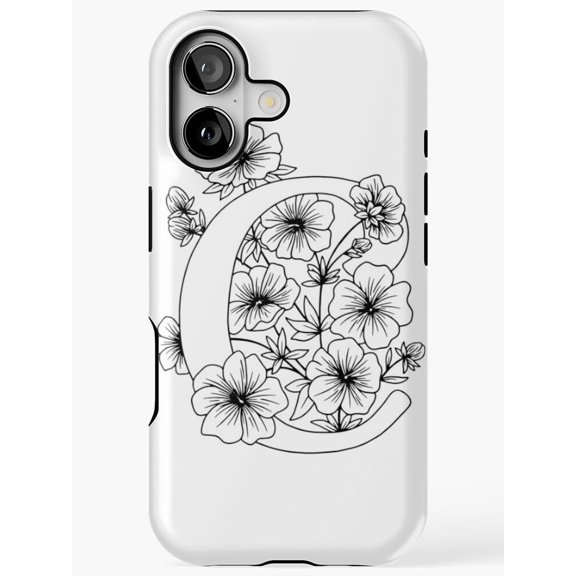 Black Line Floral Letter C Monogram Tough iPhone Case, Polycarbonate Shell with TPU Liner