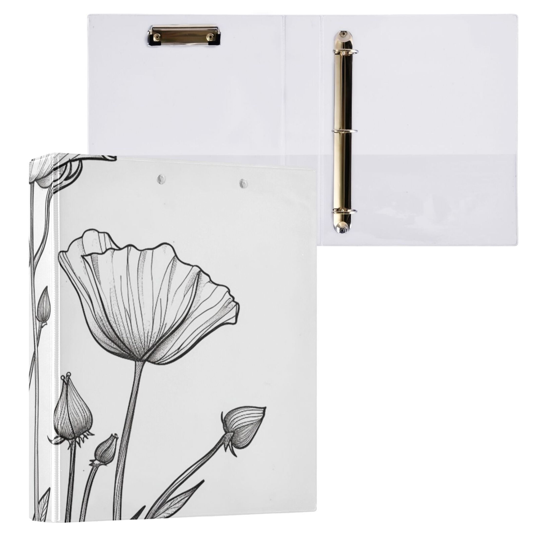Black Line Flowers 3 Ring Binders 1.5 inch Hardcover File Folders with Interior Pockets A4 Size Organizer for School Office Hospital