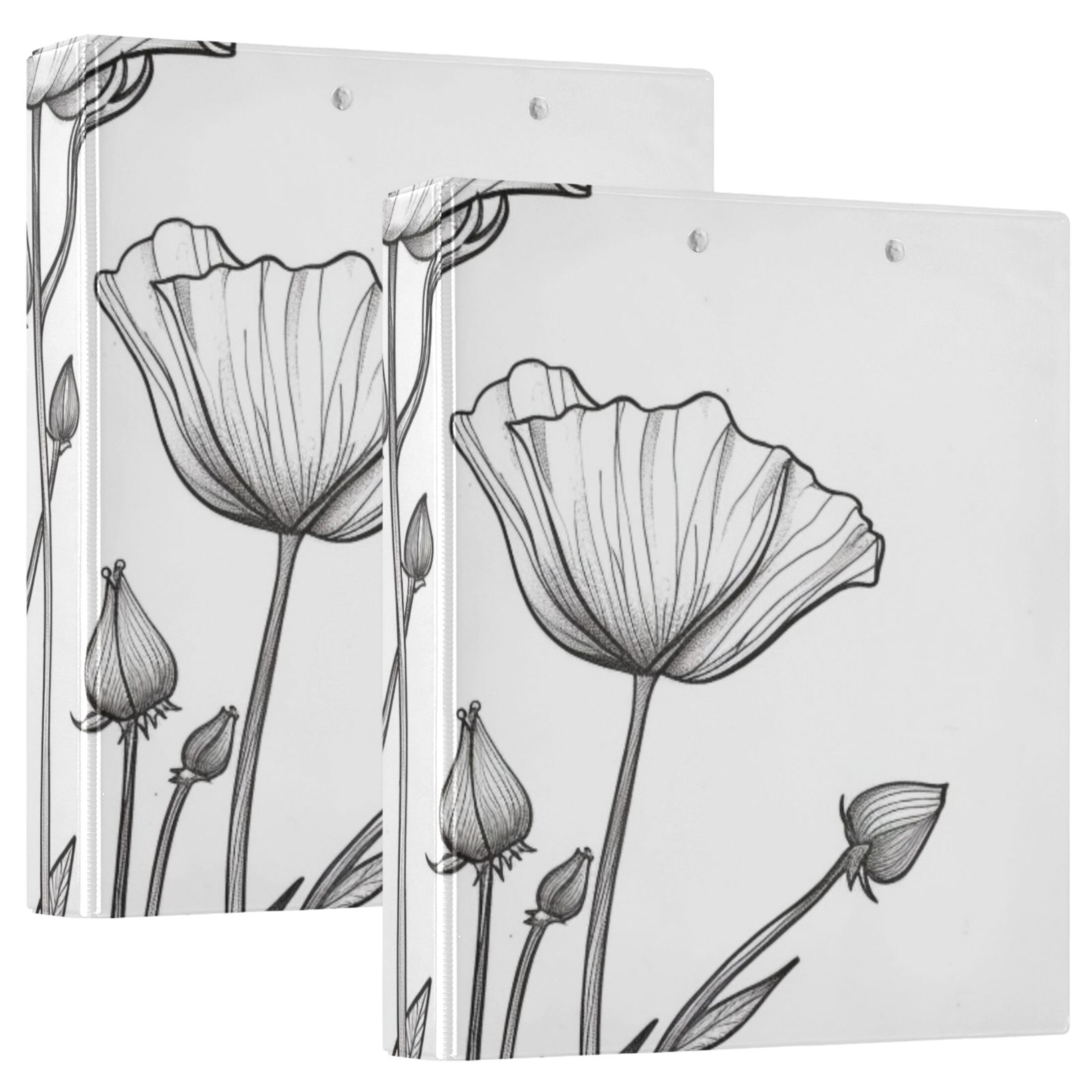 Black Line Flowers 3 Ring Binders 1.5 inch Hardcover File Folders with Interior Pockets A4 Size Organizer for School Office Hospital