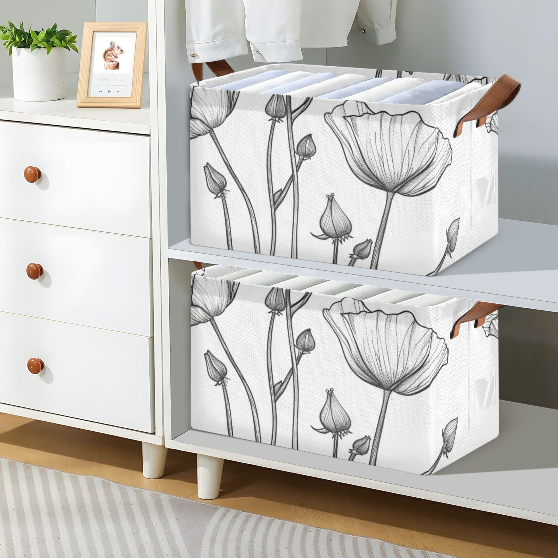 Black Line Flowers Foldable Storage Large Fabric Storage Baskets Organizer Storage Bins with Handles for Shelves