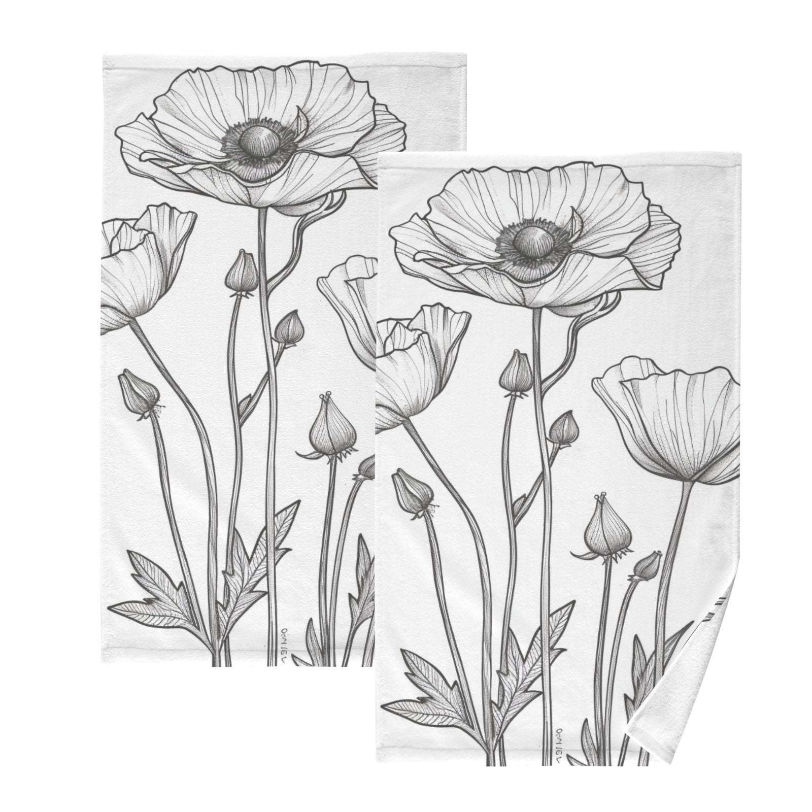 Black Line Flowers Hand Towels Cotton Bath Towels Large Face Towels Absorbent for Bathroom 2 Packs