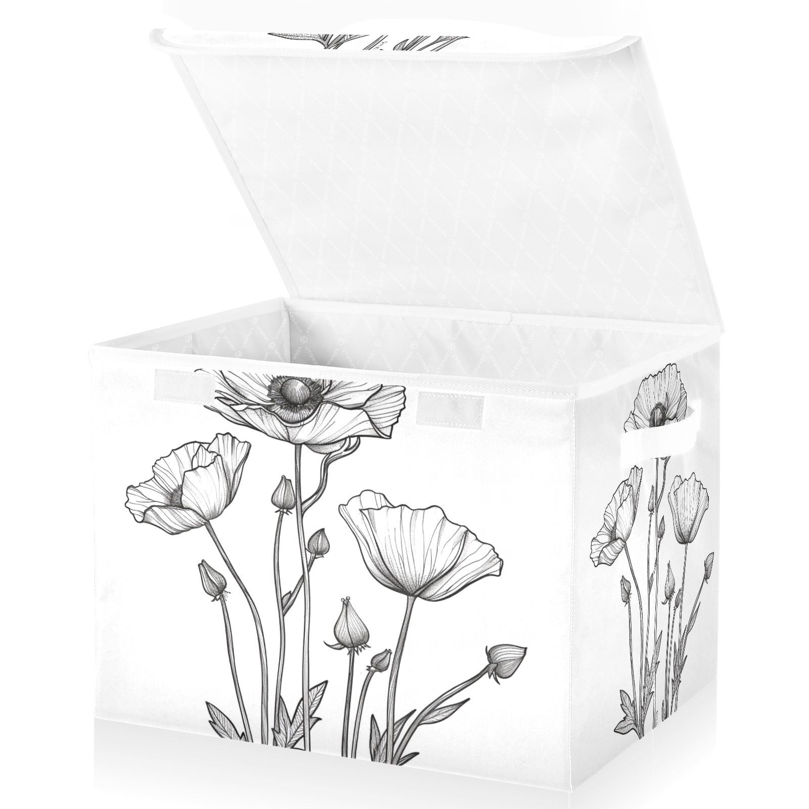 Black Line Flowers Storage Basket for Shelves Foldable Container Organizer for Organizing Toys Clothes Books with Handles