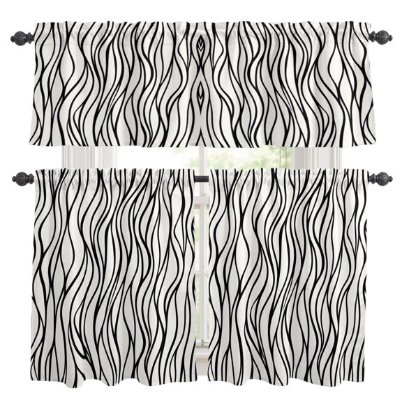 Black Line Kitchen Curtains Set for Windows, Abstract Black Beige Wave Stripes Split Vintage Line Curtains Valance and Tier 3 Piece Set Small Drapes 24 Inch Length for Kitchen Bedroom Decor
