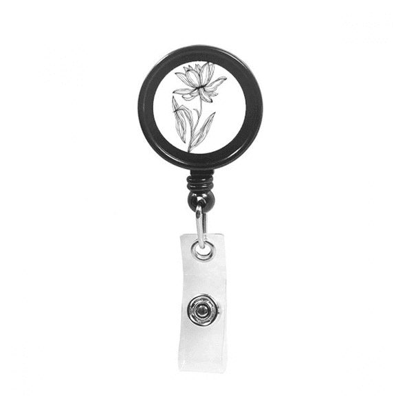 Black Line Lotus Flower Flower Retractable Keychain Badge Holder ID Badge