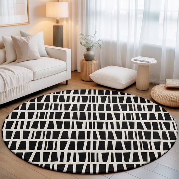 Black Linear Checkered 8' Round Rugs for Open Concept Living Room Seating Zone, Modern Abstract Geometric Minimalist Plaid Washable Non Slip Mats Large Circle Lounge Area Area Rug
