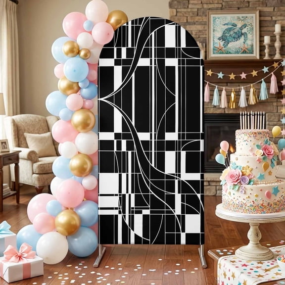 Black Linear Grid Arch Backdrop Covers 4 FT, Modern Abstract Geometric Minimalist Lines Plaid Stretchy Fitted Arched Stand Covers Party Arch Stand Cover Photo Booth for Wedding Birthday Decor