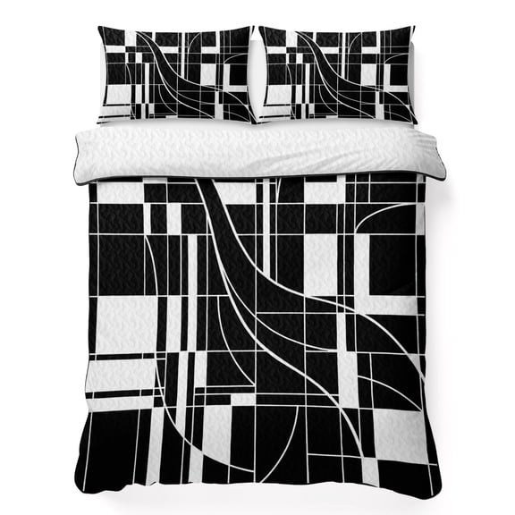 Black Linear Grid King Quilt Bedding Set, Modern Abstract Geometric Minimalist Lines Plaid Lightweight Comforter with 2 Pillow Shams Bedroom Bedspread Set Home Decor for All Seasons
