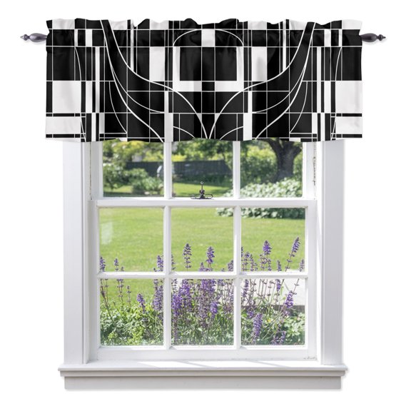 Black Linear Grid Valances for Windows, Modern Abstract Geometric Minimalist Lines Plaid Rod Pocket Valance Short Window Treatments Curtains for Kitchen Bathroom Bedroom Decor, 42 x 12 Inches