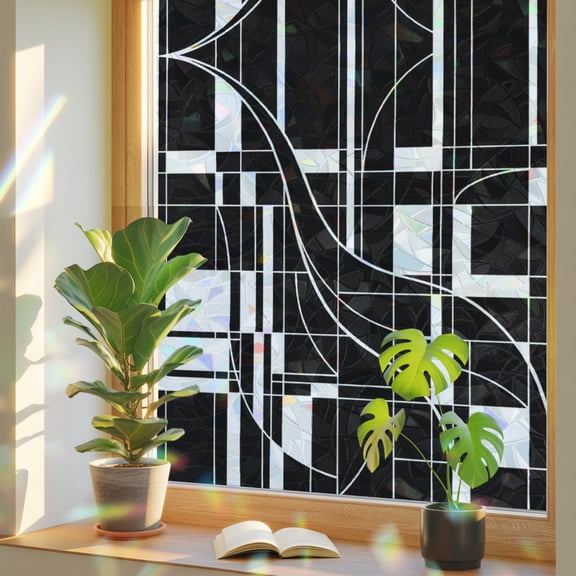 Black Linear Grid Window Privacy Film, Modern Abstract Geometric Minimalist Lines Plaid Stained Glass Rainbow Film Decorative Window Clings, Static Cling Sun Blocking Stickers 17.7" x 39.3"