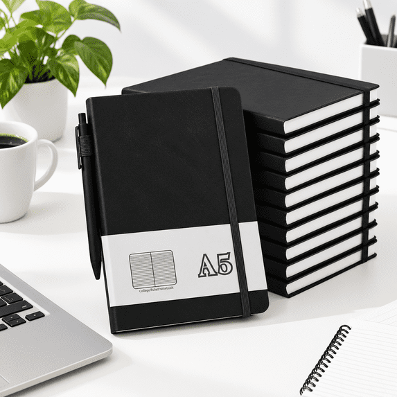 Black Lined A5 Leather Hardcover Notebook 12 Pack Bulk with Pen Holder ...