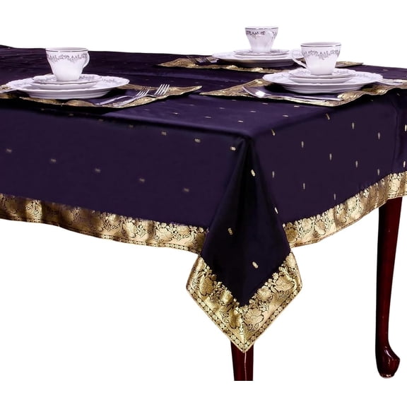 Black Lined Sari Fabric Tablecloth Golden Borders 60 X 102 in