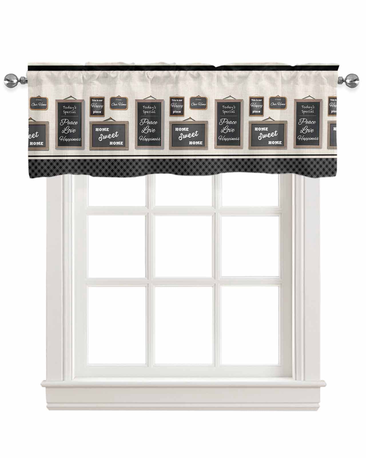 Black Linen Curtain Valance for Bedroom/Bathroom/Kitchen/Office/Living/Dining Room Window,Family Motivational Words Beige Lattice Pocket Topper Drapes Decorative Cafe Drapery Panel 54"x18"