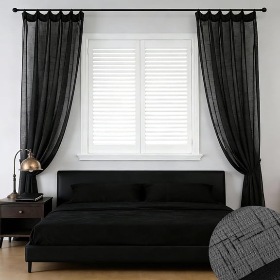 Black Linen Look Sheer Curtains 102 Inches Long 2 Panels, Rustic Textured Light Filtering Curtains & Drapes, Dark Moody Window Decor, Pinch Pleat Floor to Ceiling Curtain with Hooks