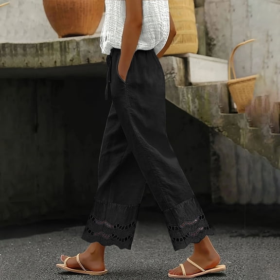Black Linen Pants Women Summer 2025 New Women's Casual Loose Fitting Waist and Ankle Patchwork Lace Cotton and Linen Pants Sweatpants Womens Fashion