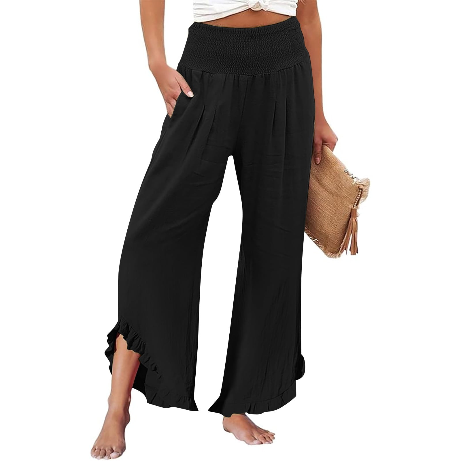 Black Linen Pants Women's Solid Color Fashionable Casual High Waisted ...