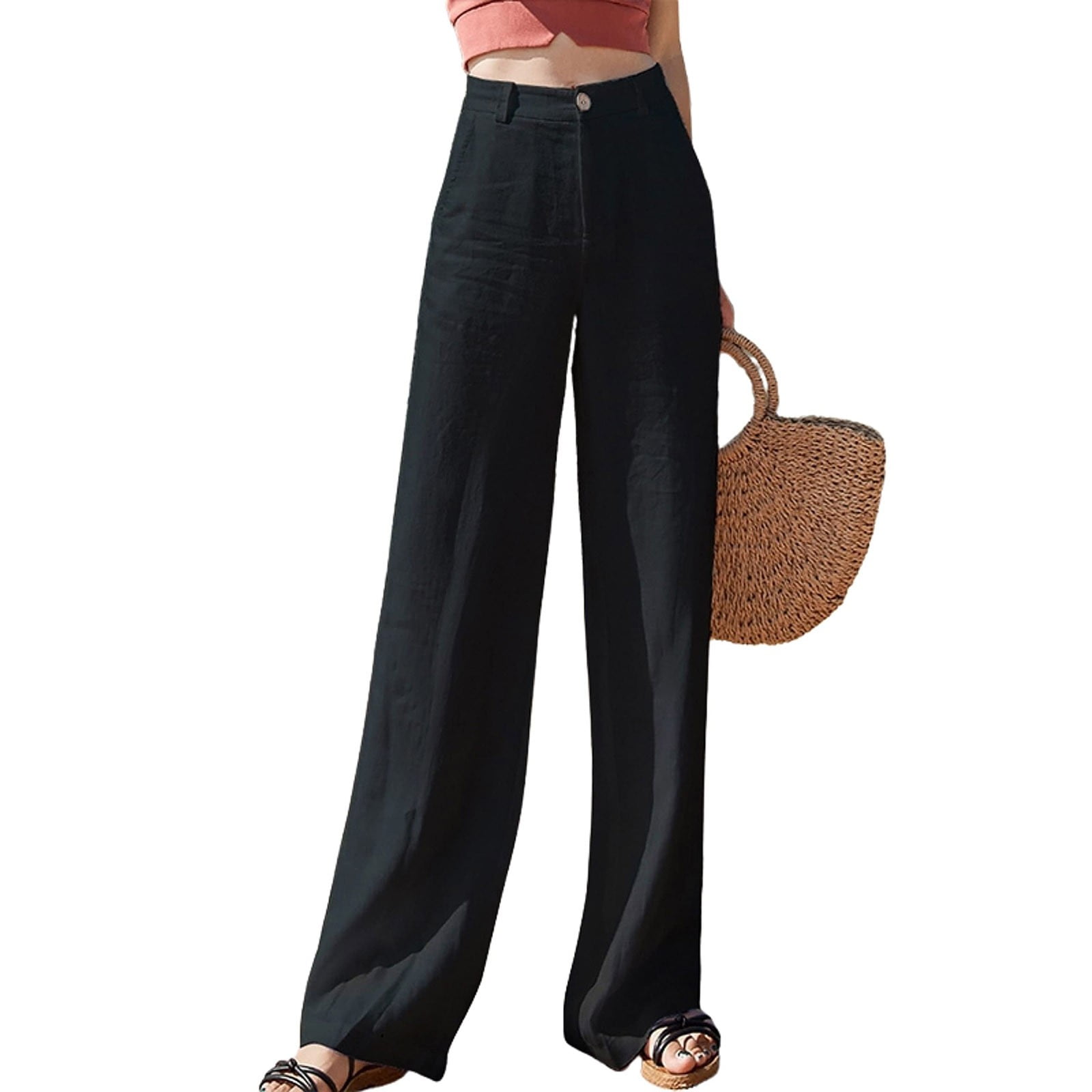 Black Linen Pants Womens Casual High Waisted Wide Leg Pants Button Up ...