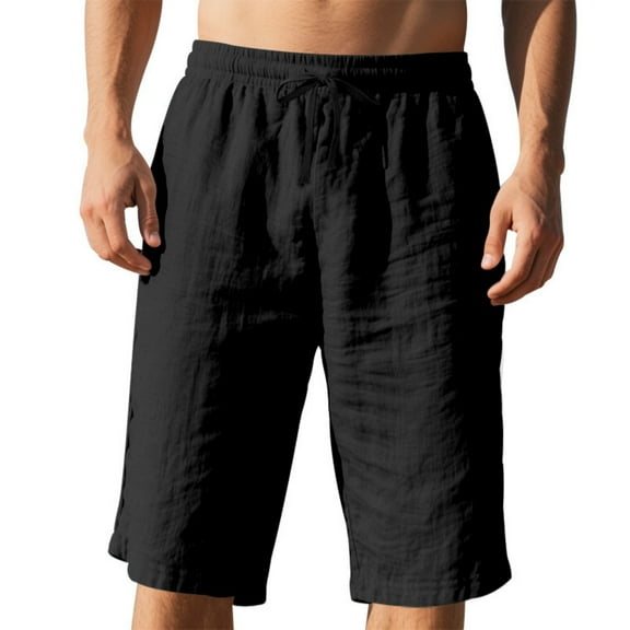 Black Linen Shorts Men Casual Lightweight Athletic Shorts with Pockets Loose Fit Golf Drawstring Waist Sweatpant Summer Beach Wear