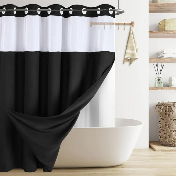 Black Linen Shower Curtain No Hook with Snap-in Fabric Liner Hotel Shower Curtain with See Through Top Window Hookless 72" W x 75" L