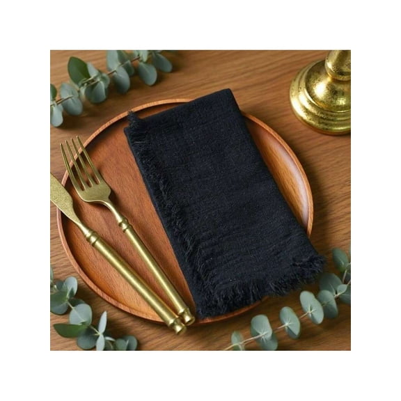 Black Linen-Style Frayed Edge Table Napkin For Modern Elegant Dining Setup