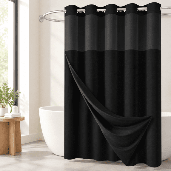 Black Linen Textured Ringless Shower Curtain with Snap-In Liner, 48