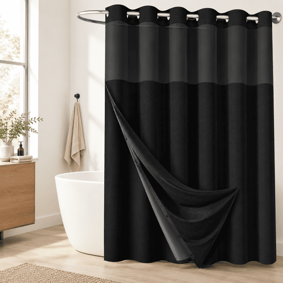 Black Linen Textured Ringless Shower Curtain with Snap-In Liner, 84