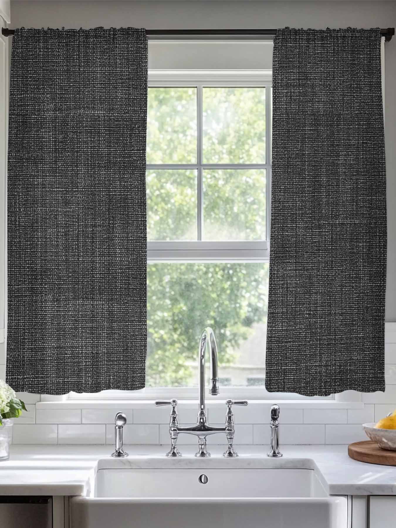 Black Linen Vintage Bottom Sheer Curtains 2 Panels Set Solid Farm ...