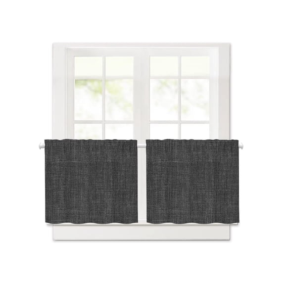 Black Linen Vintage Bottom Tier Curtain Blackout Short Rod Pocket Curtains Solid Farm Burlap Darkening Window Drapes Small Curtain Tiers for Kitchen Cafe Bedroom,30"Wx30"L,2 Panels