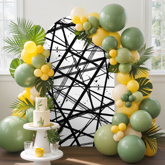 Black Lines Arch Backdrop Cover, 4FT, Abstract Art Black Splatter Ink Strokes White Backdop Spandex Arch Covers Double-Sided Backdrop for Wedding Birthday Party Photo Background Decoration