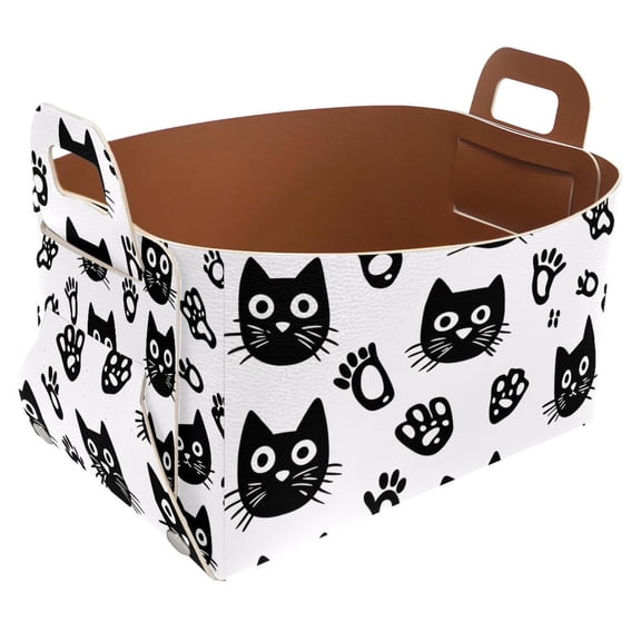 Black Lines Cats Storage Basket Collapsible Storage Bin, PU Foldable Basket Convenient Box Storage Organizer with Handles for Shelves Office Bedroom Closet Nursery Toys Laundry