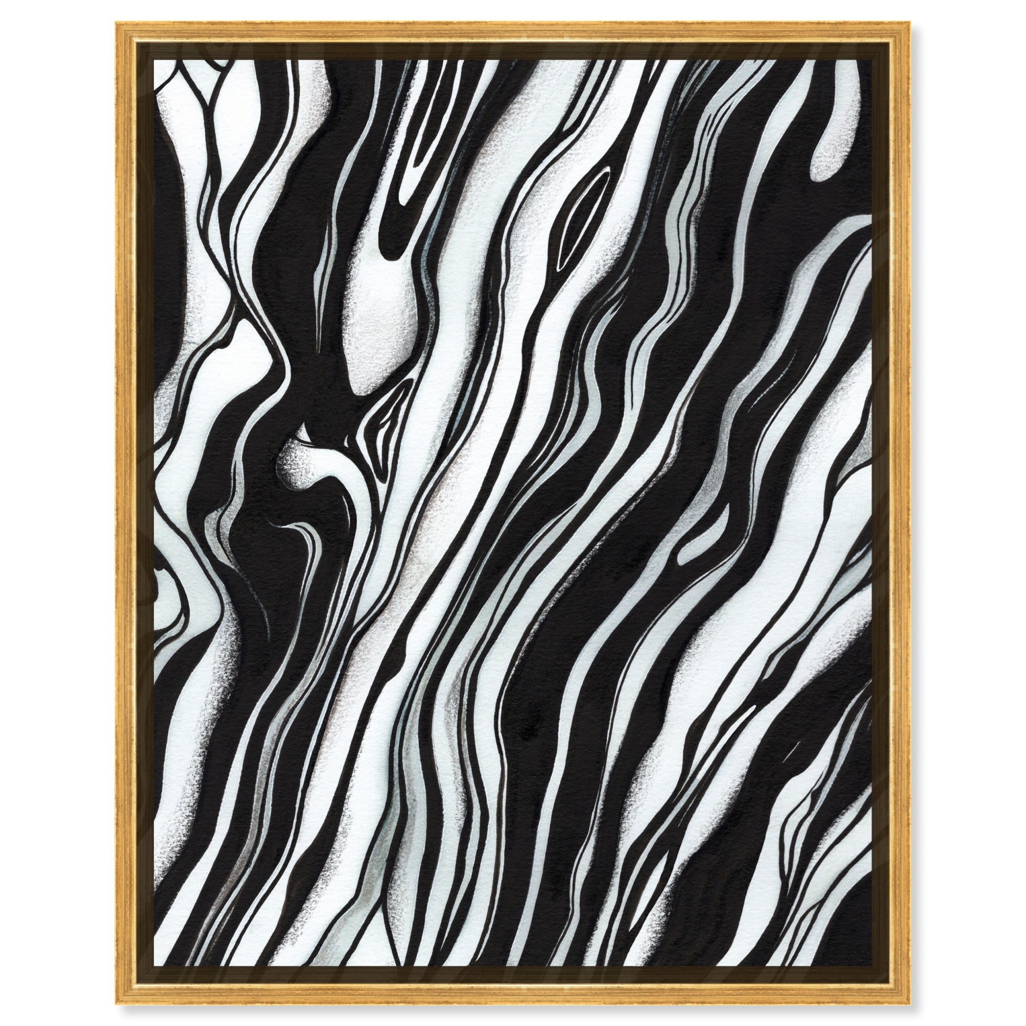 Black and White Abstract Canvas Art with Gold Frame, 16" x 20"