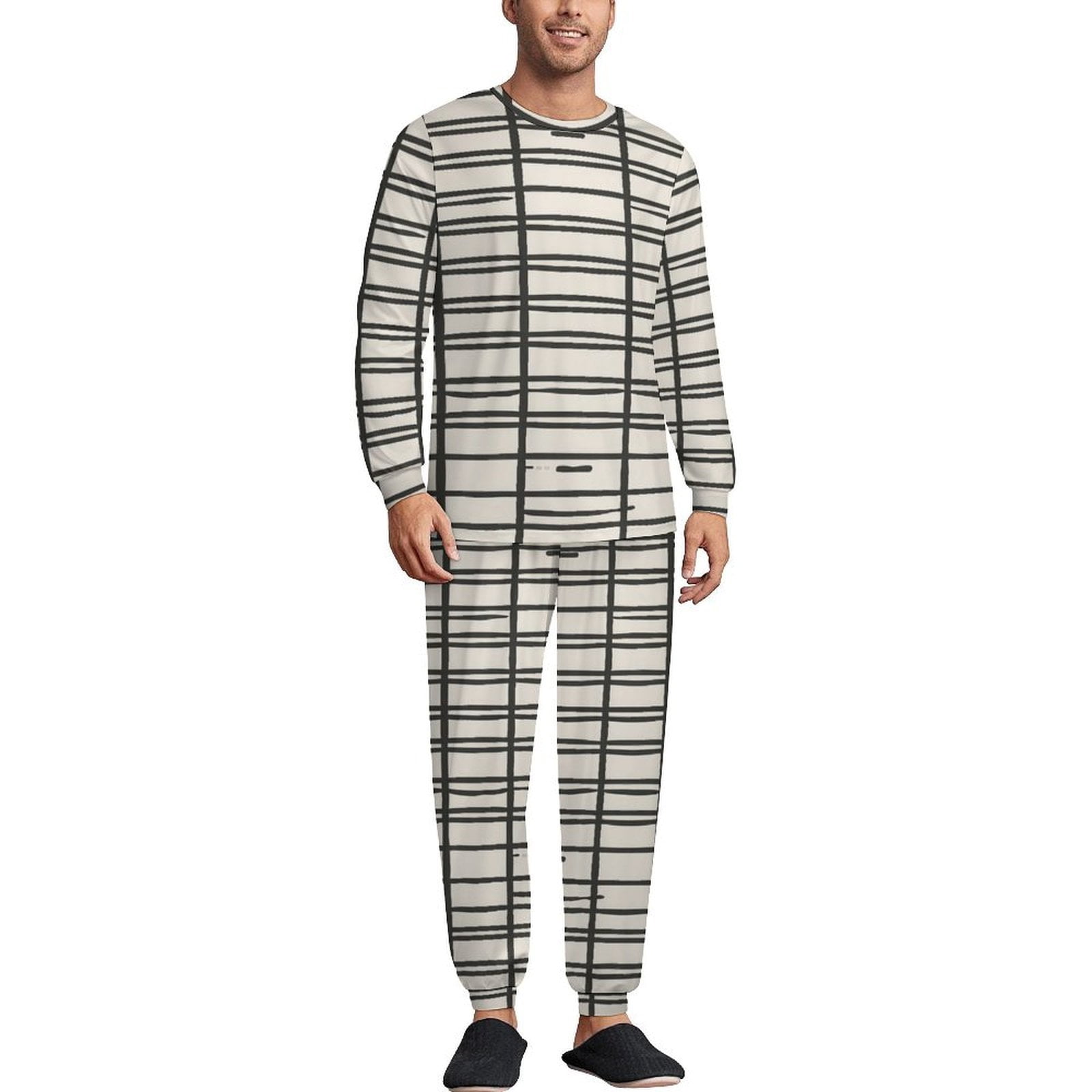 Black Lines White Background Pajamas Man Warm Sleepwear Autumn Long ...