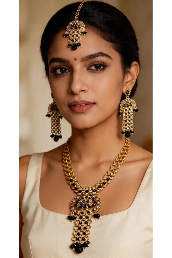Black Linked Polki Necklace Set with Mang Tika