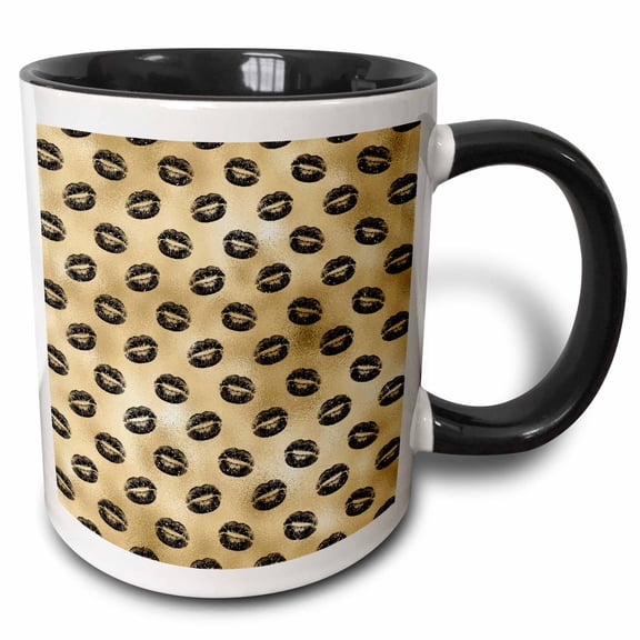 3drose, Black Lips Kiss on an Image of Gold Pattern, 15oz Two-tone Black Mug