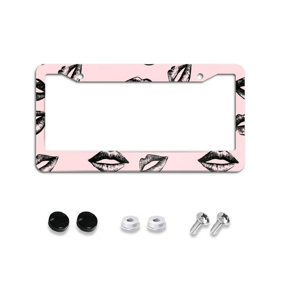 Black Lips on Pink License Plate Frames Universal Aluminum Tag Holder Cover with 2 Holes Screws for Front Rear Car Plate Decor 12x6 Inch for Women Men