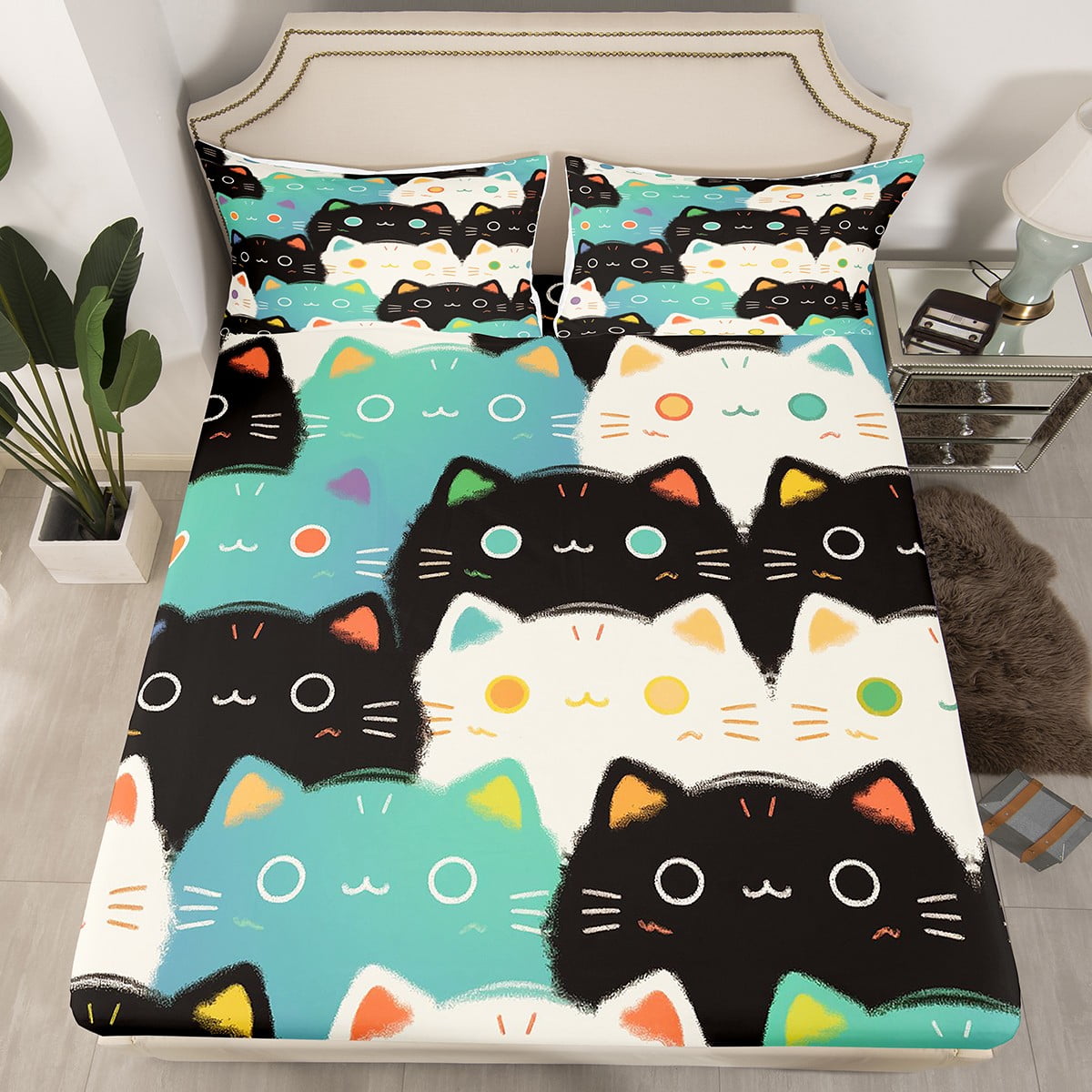 Black Little Cat Fitted Sheet Cute Pet Animals Bed Sheets Full,Kitten ...