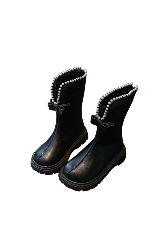 Black Little Girls Fall Winter Solid Color Zipper Mid Calf Leather Boots Fashionable Student Princess Lined