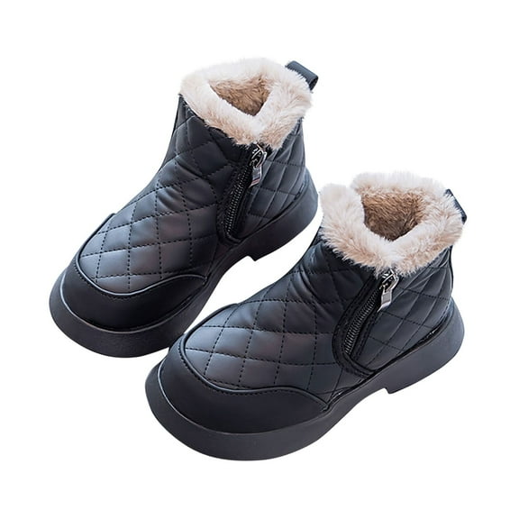 Black Little Girls Winter Solid Snow Boots With Artificial Leather Upper And Fleece Lining, Comfortable For Wear