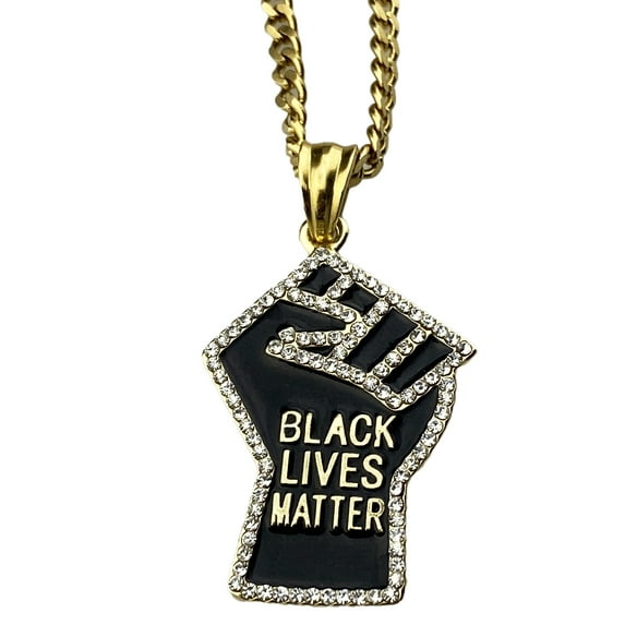 Black Lives Matter Iced Raised Fist Black Oil & Gold Finish Over Stainless Steel Cuban Necklace 24" Inch